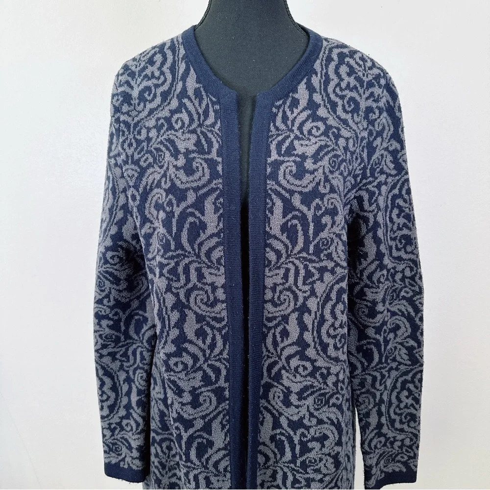 Talbots Open Front Cashmere Blend Navy Jacquard Cardigan - Picture 2 of 16